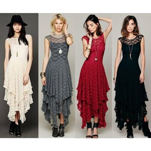 Womens Elegant O-Neck Sleeveless Asymmetrical Handkerchief Hem Floral Lace Cocktail Party Dress NO55