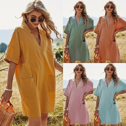 High Waist Pockets V-Neck A-Line Women Dress Fashion Solid Short Sleeve Summer Dress Plus Size Loose Casual Beach Vestidos Robe
