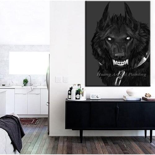 100% Handpainted High Quality Hand Painted Black Wolf Oil Painting on Canvas Animal Art for Wall Decoration and Best Gifts