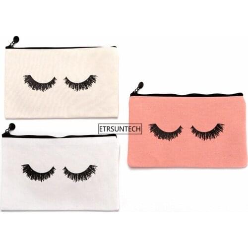 100pcs/lot 23cmx14.5cm Large canvas Eye Lashes Printed Woman Drawstring Makeup Bag Zipper Clutch Bag Cosmetic Organizer