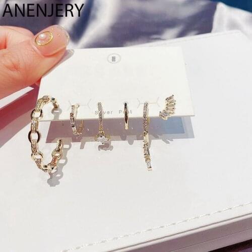 ANENJERY 6 pieces/set 925 Sterling Silver Big Circle Hoop Earrings Set Women Micro-inlaid Zircon Geometric Earrings Wholesale