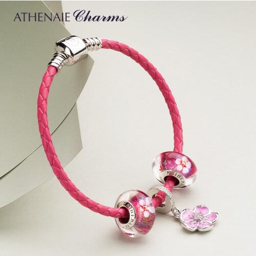 ATHENAIE Flower Murano Glass Beads & Romantic Pink Enamel Plum Blossom Pendants Rose Red Leather Braided Braeclet for Girl Gift