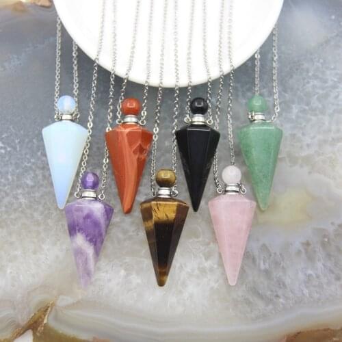Aventurine/Tiger Eye/Obsidian Faceted Point Pendulum Perfume Bottle Pendant Necklace,Rose Quartzs Essential Oil Diffuser Vial