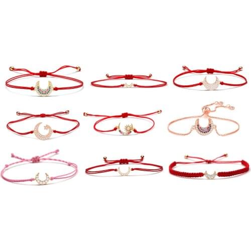 White Cubic Zirconia Stones Cute Crescent Moon Charm Bracelet Women Lead By Intuition Red String CZ Handmade Jewelry Present