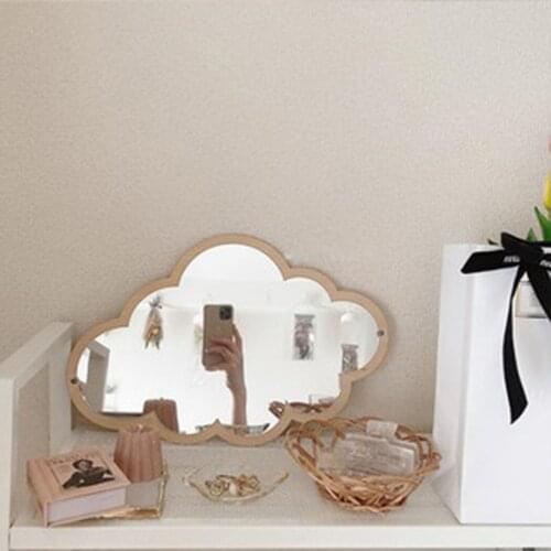 Wooden Cloud Mirror Sticker Cloud Shape Cute Decor Wall Sticker Mirror Dormitory Ornaments Makeup Mirror Beauty Tool Room Decor