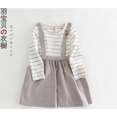 2020 New Children Dress Korean Fake-2 Dress Cotton Princess With Striped Girls High Quality Long Sleeved Kids Clothing