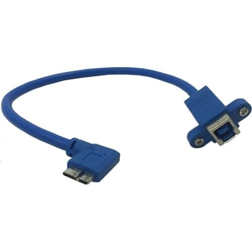 90 Degree Angled USB Micro B 10pin Male to USB 3.0 Type B Female Cable with Panel Mount Screw Holes for Hard Drive Printer Blue