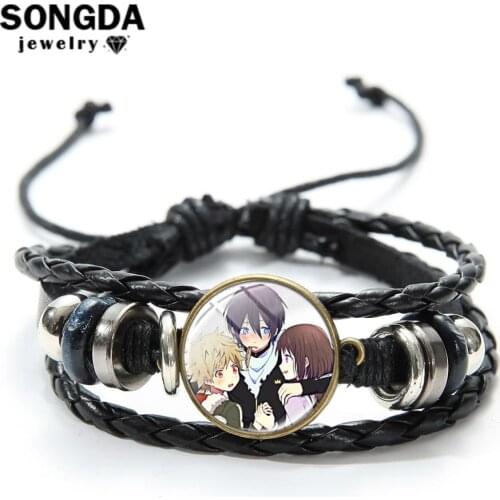 SONGDA Noragami Aragoto Collection Leather Bracelet Yato Lki Hiyori Yukine Cartoon Figures Time Gem Charm Bracelet Anime Jewelry