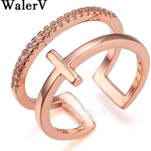 WalerV Wedding Ring for Women Set Fashion Luxury Charm White Zircon Crystal Cross Shape Rings Jewelry Rose Gold Open Ring Finger