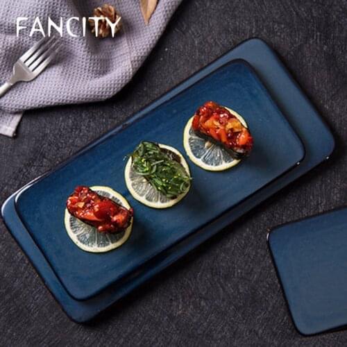 FANCITY Restaurant Creative Tableware Ceramic Rectangular Flat Western Plate Flat Sushi Plate Cold Meal Plate Cake Dessert Plate