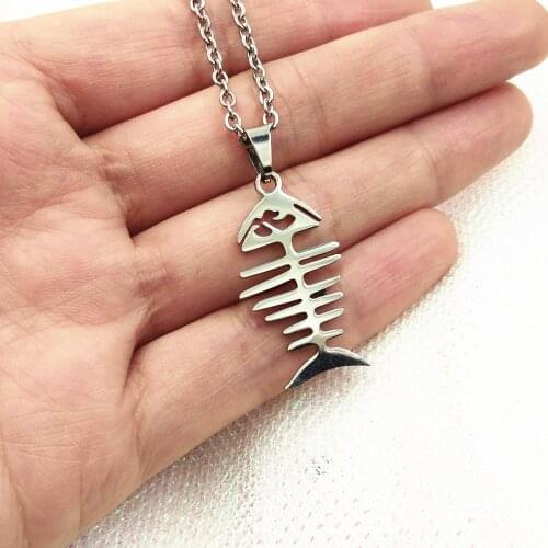 Fashion Stainless Steel Fishbone Pendant Necklace Punk Gothic Silver Color Fish Bone Chain Necklaces For Women Jewelry