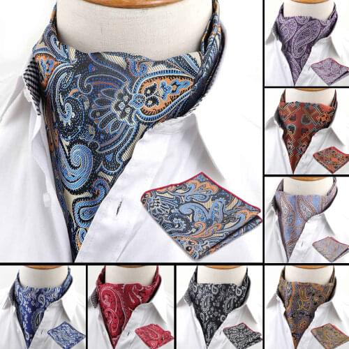 Mens Cravat Pocket Square Set Formal Necktie Hankerchief Ascot Scrunch Self Paisley Polyester Silk Neck Tie Luxury