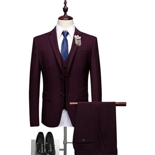 New Burgundy Men Suits for Wedding Suits Pants Groom Tuxedo Groomsmen Man Blazer Jacket 3 Pieces Slim Fit Dinner Prom Party