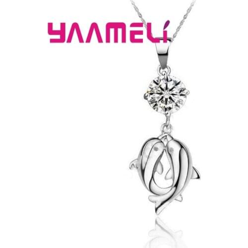Modern 925 Sterling Silver Cubic Zircon Two Fish Pendant Necklace Top Quality Hot Valentines Gift Women Party Jewelry