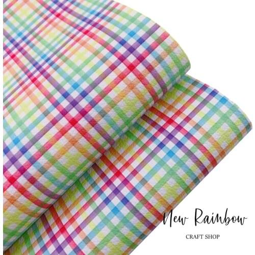 New Rainbow 30X138CM/ROLL Rainbow Watercolored Check Plaid Pattern Faux Leather Nice For Making Bows, Earrings, Accessories