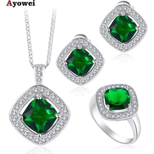 ROLOLASON silver color stamped Earrings Necklace Pendant rings Green AAA CZ Fashion Jewelry Set for party gift JS638
