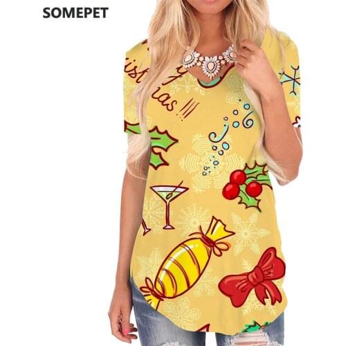 SOMEPET Christmas T Shirt Women Animal V-neck Tshirt Candy Shirt Print Party Funny T shirts Womens Clothing Punk Rock Loose