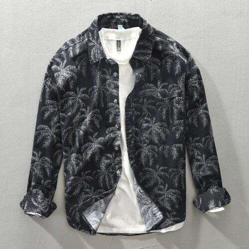 Z165 Autumn Winter Men Cotton Linen Long Sleeve Shirt Jackets Vintage Digital Printing Lapel Casual Loose Daily Youth Thin Coats