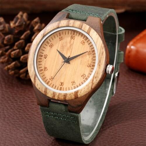 Stylish Dark Green Genuine Leather Mens Wood Watch Quartz Real Wooden Casual Men Wristwatch New Arrival 2020