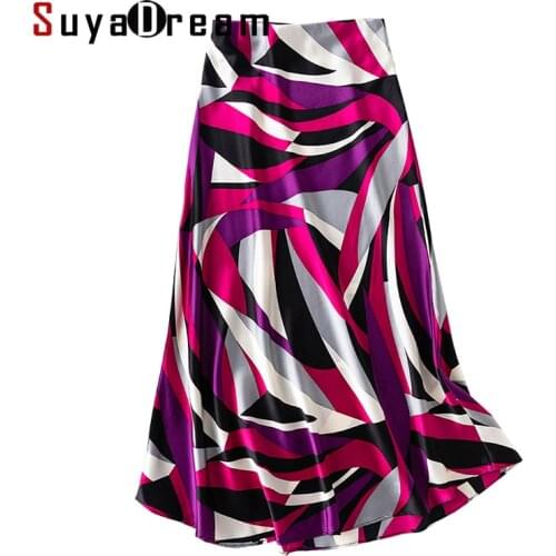 SuyaDream 93%Silk 7%Spandex Silk Satin Red Mermaid Skirt Woman 2021 Spring Summer Print Long Skirts Elegant Chic Skirt