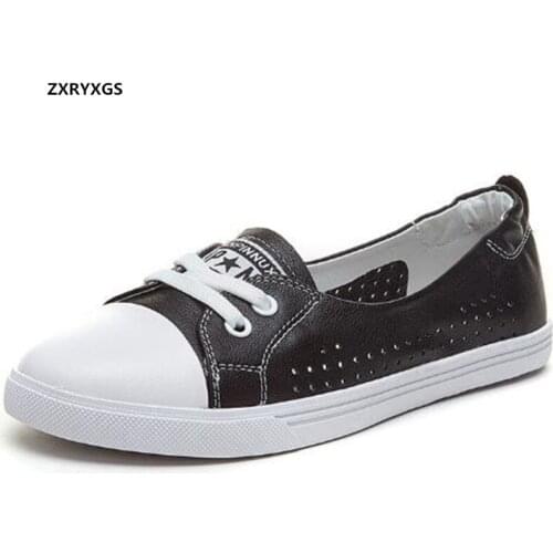 2020 New Spring Summer Top Cowhide Hole Shoes Flat Shoes Shallow Mouth Women Sneakers Casual Shoes Comfort Soft Leather Shoes