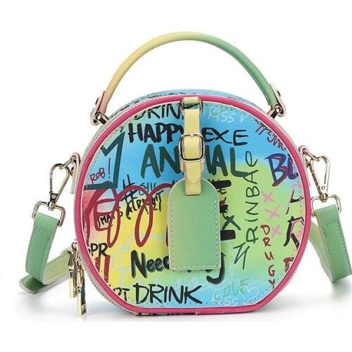 PU Leather Women Luxury Designer Handbags 2021 Shoppers Fashion Creative Personality Graffiti Painting Small Round Shoulder Bags