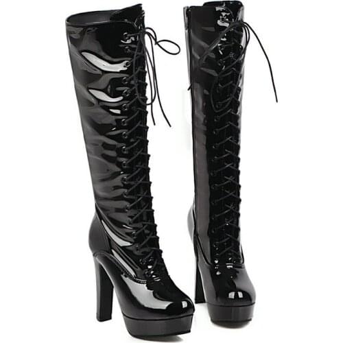 2020 Platform Square High Heel Women Knee High Boots Fashion Cross Tied Zipper Women Long Boots Autumn Winter Ladies Riding Boot