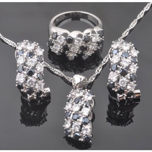 Russian Style Black White Zircon Womens Wedding Jewelry Sets Silver Color Necklace Pendant Earrings Ring QZ0284