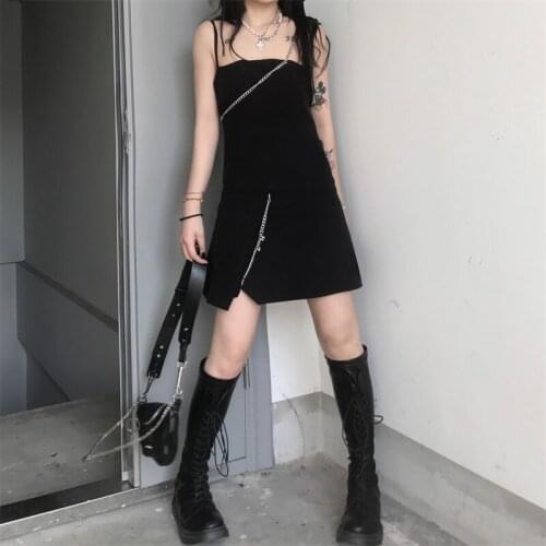 Irregular Design Metal Chain Sling Dress for Womens 2021 Summer Clothes Fashion Sexy Party Mini Dresses Girls Gothic Streetwear