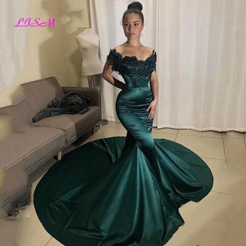 Dark Green Mermaid Evening Dresses Satin Off the Shoulder Prom Gowns Lace Appliques Party Dress Court Train Custom Made