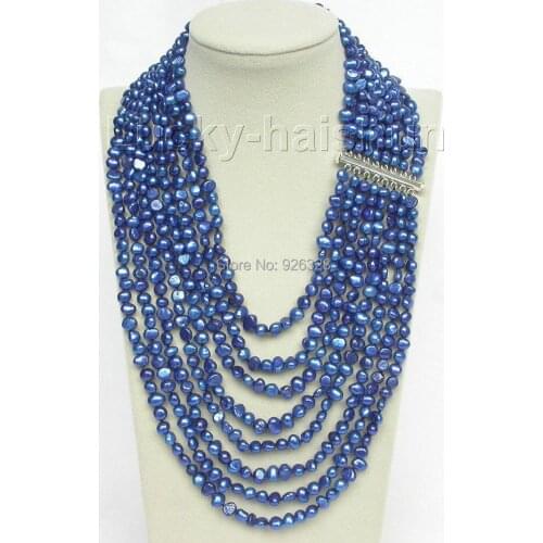 17"-24" 8row baroque navy blue pearls necklace 925 silver clasp