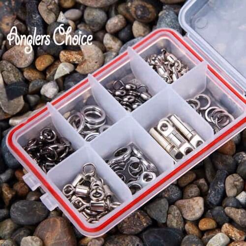 70PCS/LOT Stainless Steel Fishing Snap Barrel Sling Rolling Swivels & Trulinoya Box Fishing Tackle Accessories