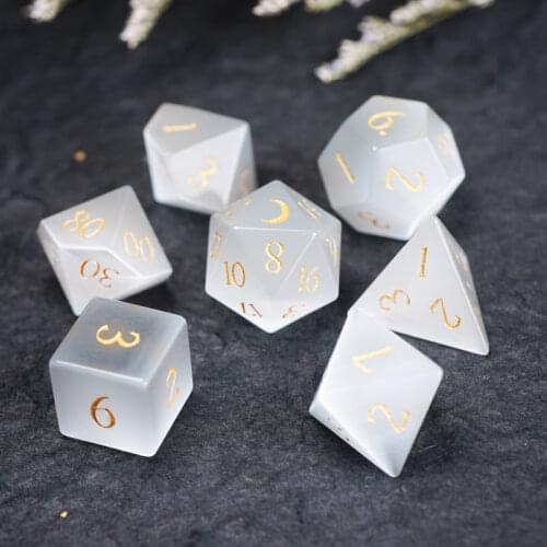 White Cats Eye Stone Polyhedral Dice Set Handmade Engrave Stone Geometry Dice For DND RPG COC Borad Games Custom Gift Crafts DIY