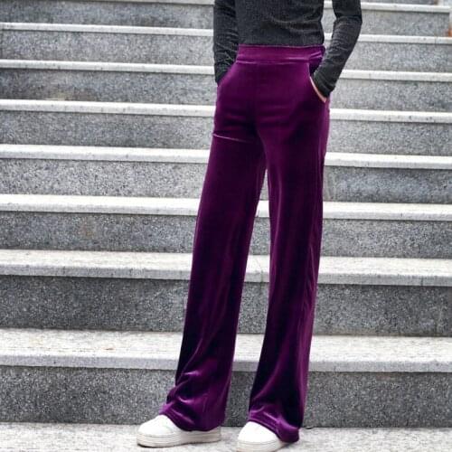 Summer new woman retro velvet high waist wide leg pants gold velvet casual pants Elastic Waist straight long pants female