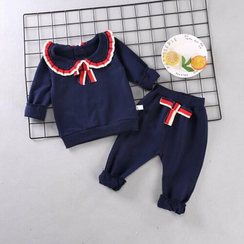 Cute Toddler Baby Girl Clothing Set 1 2 3 4 Years Long Sleeve Bow Suit Navy Collar Kids Girls Folding lace Outfits Pink
