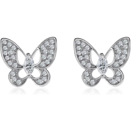 Korean Trend Copper Butterfly Stud Earring Delicate Hollow Rhinestone Mini Butterfly Ear Stud Earrings Party Crystal Jewelry