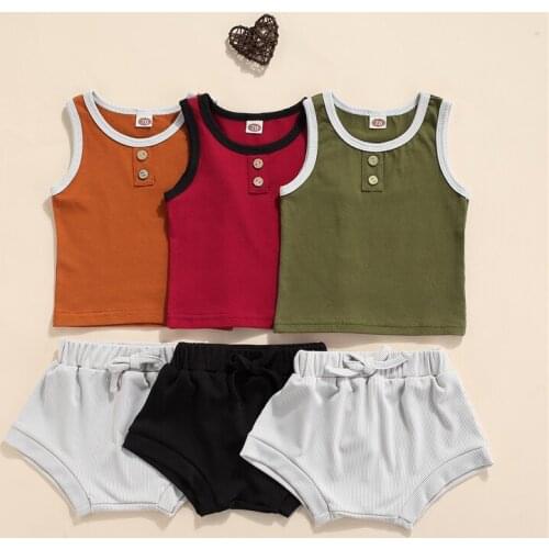 3 Colors Baby Boys Summer Casual Clothes Sets Solid Sleeveless Button Vest Tops+Ribbed Elastic Shorts Pants Toddler Traclsuits