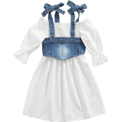 2021 0-5Y Fashion Kids Girl Clothing White Solid Color Off-Shoulder Lantern Sleeves Dress+Denim Strappy Vest Summer Fall 2pcs