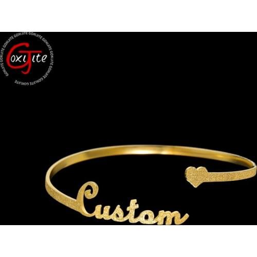 Goxijite Trendy Custom Name Bangle Bracelet For Women Personalized Adjustable Open Heart Frosted Nameplate Bangles Jewelry Gift