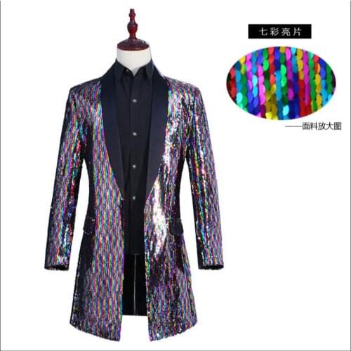 Men Nightclub Bar Hosted Long Discoloration Windbreaker Colorful Sequins Blazers Coat Dj Tide Stage Models Cool Singer Costumes