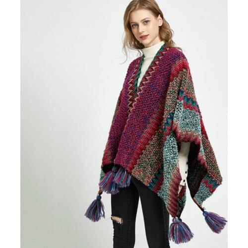 National Cloak Shawl Knitted Hanging Hair Balls Tassels Scarf Jacket Big Cloak Cardigan Autumn Winter Wrap Poncho Pashmina Tops