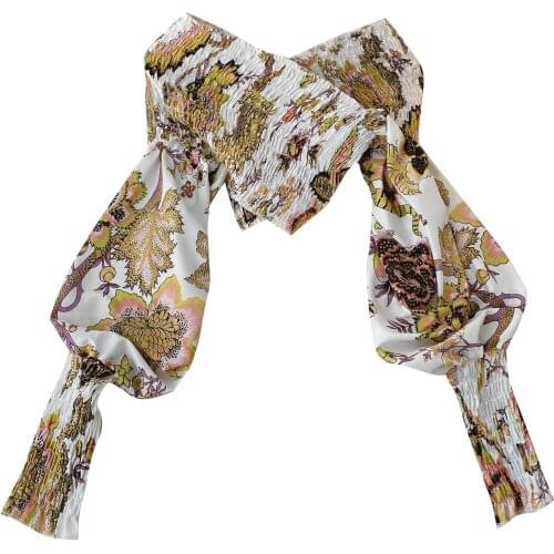 Spring and Autumn New Womens Design Sense Elastic Vintage Floral Shirt, One-shoulder Printed Shirt, Short Top