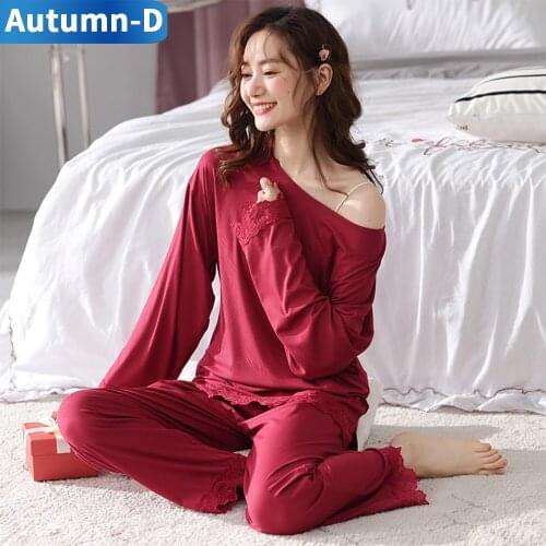 Autumn-D Pajama Sets Spring Solid Color Modal Fabric Leisure Wear For Woman Sleepwear Homewear Crew Neck Long Sleeve Trousers
