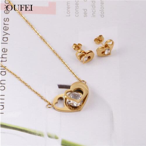 OUFEI Zircon Heart Necklace Earrings Set Stainless Steel Jewelry Sets Charms Fashion Jewellery Accessories Free Shipping