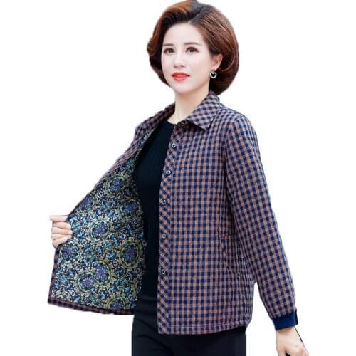 Middle-Aged Elderly Womens Coat New Spring Autumn Thin Light Cotton Padded Jacket Outerwear Casual Plaid Jacket Tops Female 5XL