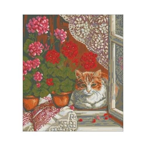Panna-Geranium and cat on the windowsill Needlework,For Embroidery Arts Cross stitch kits Set Cross-Stitching