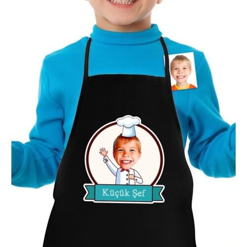 Personalized Small Chef Caricature Of Male Child Black Kitchen Önlüğü-5