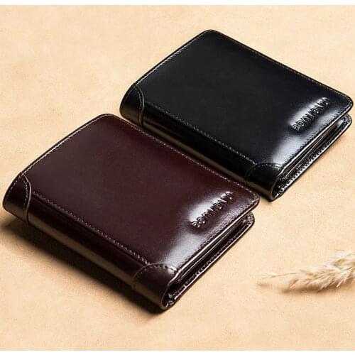 POOLOOS New Design RFID Mens Wallet Genuine Leather Vintage Black Purse For Men Mini Card Holder Male Short Wallet 3 folds