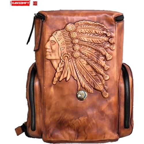 Luxury Genuine Leather Mens Backpack Casual Laptop Bag Male Schoolbag Cowhide Retro Indian Large Capacity Travel Cow Leather