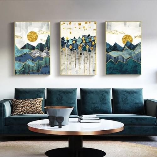 Nordic Abstract Geometric Mountain Landscape Wall Art Canvas Painting-Golden Sun Art Print Wall Picture Luxury Decor for Bedroom